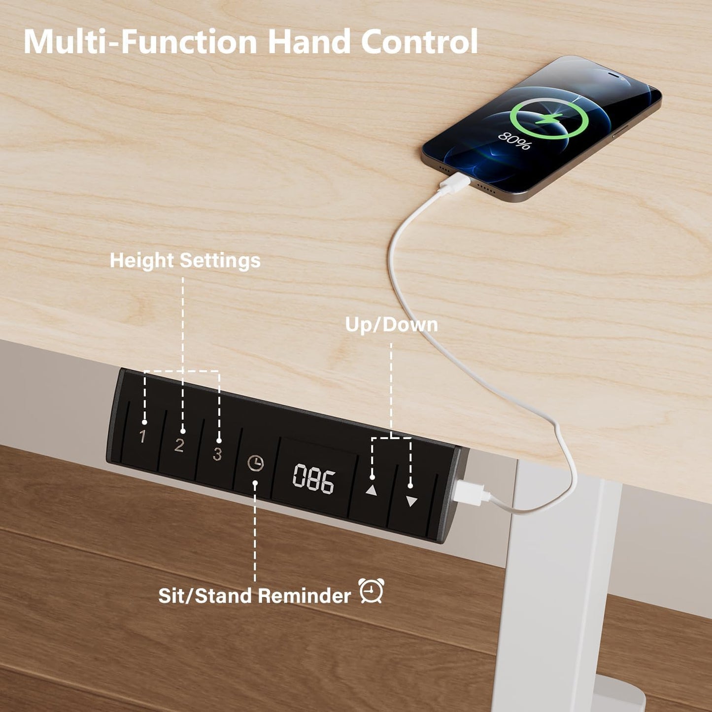 Electric Standing Desk 160x80cm with USB Charging Sit Stand Reminder Height Adjustable Desk, Stand Up Home Office Desk with 3 Memory Functions and Hook, Cable Management Tray, Maple