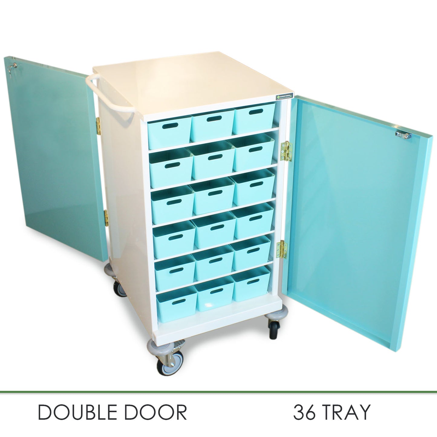 Pharmacy Medical - HECT660 36 TRAY ORIGINAL PACKAGING TROLLEY | 18 TEAL / 18 WHITE PLASTIC TRAYS | DOUBLE DOOR / CAM LOCK